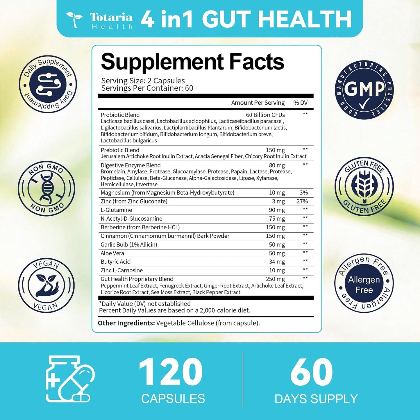 14-in-1 Gut Health with Probiotics, Prebiotics, Postbiotics & Digestive Enzymes for Women & Men, 60 Billion CFU Probiotics for Digestion, Strong Immunity, Skin, Complete Gut Health (120 Capsules)