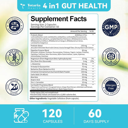 14-in-1 Gut Health with Probiotics, Prebiotics, Postbiotics & Digestive Enzymes for Women & Men, 60 Billion CFU Probiotics for Digestion, Strong Immunity, Skin, Complete Gut Health (120 Capsules)