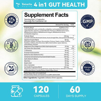 14-in-1 Gut Health with Probiotics, Prebiotics, Postbiotics & Digestive Enzymes for Women & Men, 60 Billion CFU Probiotics for Digestion, Strong Immunity, Skin, Complete Gut Health (120 Capsules)