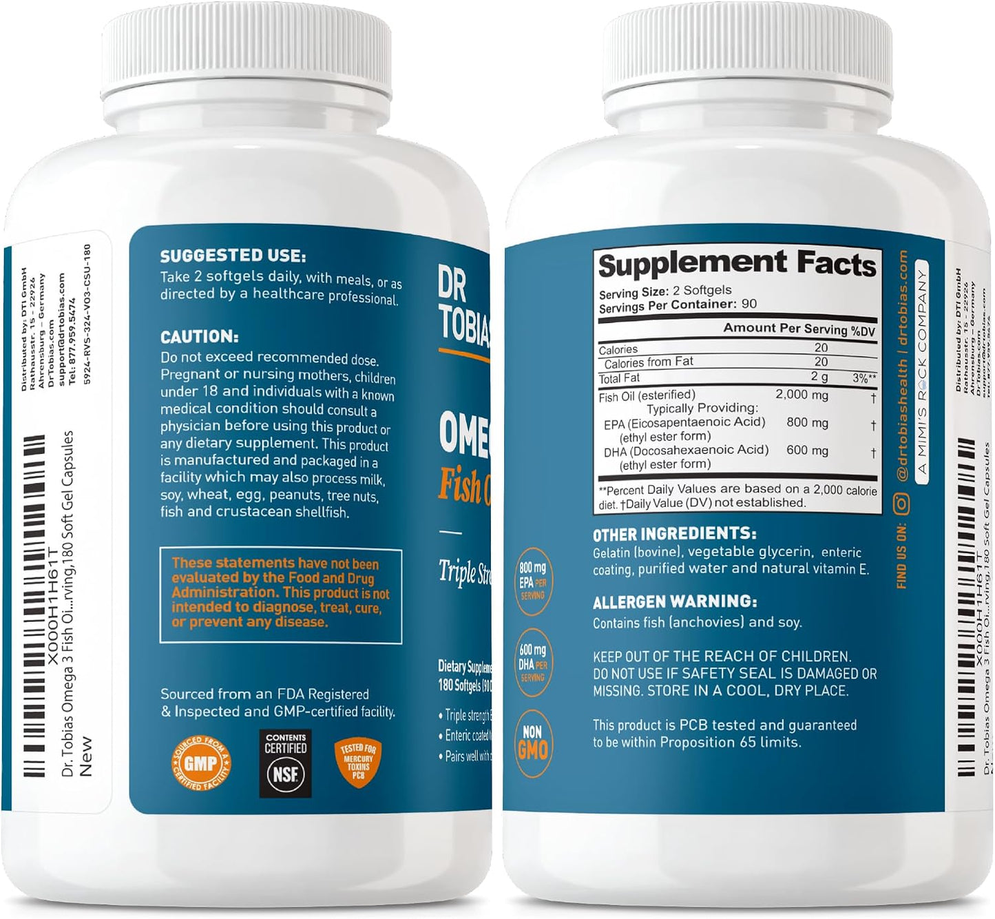 Dr. Tobias Omega 3 Fish Oil 2000mg Triple Strength | 180 Softgels | Heart, Brain & Joint Support | 2,000 mg Fish Oil | 800 mg EPA + 600 mg DHA | Delayed Release Omega 3 Supplement | 90 Servings