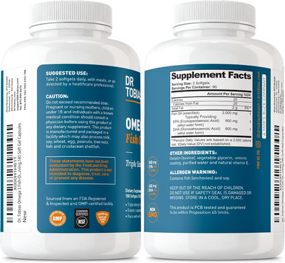Dr. Tobias Omega 3 Fish Oil 2000mg Triple Strength | 180 Softgels | Heart, Brain & Joint Support | 2,000 mg Fish Oil | 800 mg EPA + 600 mg DHA | Delayed Release Omega 3 Supplement | 90 Servings