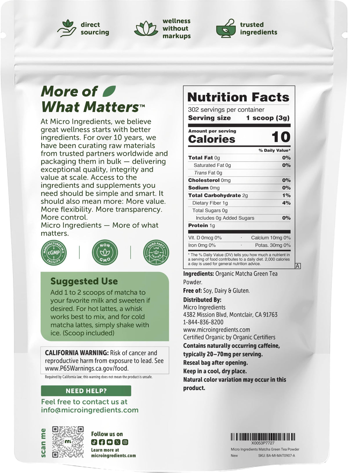 Micro Ingredients Organic Matcha Green Tea Powder, First Harvest, Culinary Grade from Japan, 100% Pure & Unflavored, Great for Tea, Latte, & Smoothies, Non-GMO, No Sugar, Eco-Friendly Packaging, 1 Lb