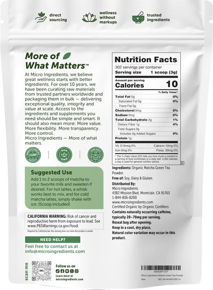Micro Ingredients Organic Matcha Green Tea Powder, First Harvest, Culinary Grade from Japan, 100% Pure & Unflavored, Great for Tea, Latte, & Smoothies, Non-GMO, No Sugar, Eco-Friendly Packaging, 1 Lb