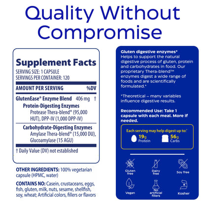 Enzymedica GlutenEase - Digestive Enzyme Supplement for Women & Men, Gluten & Casein Sensitivity Support, Enzymes for Digestion & Gut Health, Helps Gas & Bloating - 60 Caps