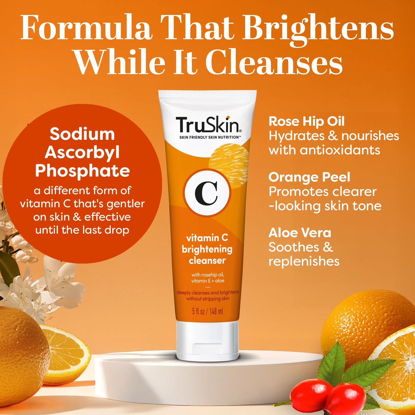 TruSkin Vitamin C Brightening Face Wash with Rosehip Oil, 4 fl oz | Vitamins C & E, Aloe Vera and MSM gently cleanse, refresh and support radiant-looking skin without over-drying