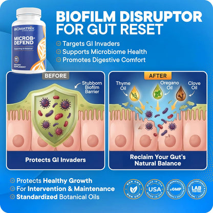 Biofilm Disruptor, GI Repair Digestive Supplement for Men and Women, Oil of Thyme, Oregano & Clove, Gut Microbiome & Intestinal Health Support | Microb-Defend (90 Softgels)