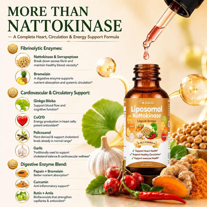 Nattokinase 10800 FU Supplement Liquid Drops, Ultimate 9-in-1 Natto -kinase Serrapeptase Enzyme Blend w. Bromelain Curcumin CoQ10 K2 MK7 for Circulatory Heart & Digestive Spike, Liposomal Tech