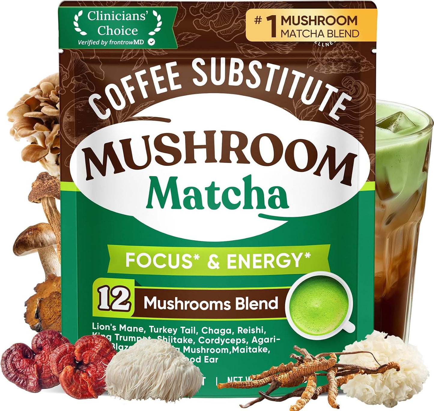 Venture Pal Mushroom Matcha Powder – 13 Superfood Mushroom Coffee Alternative with Ceremonial Grade Matcha Powder, 1.5B Probiotics for Focus, Energy & Digestion