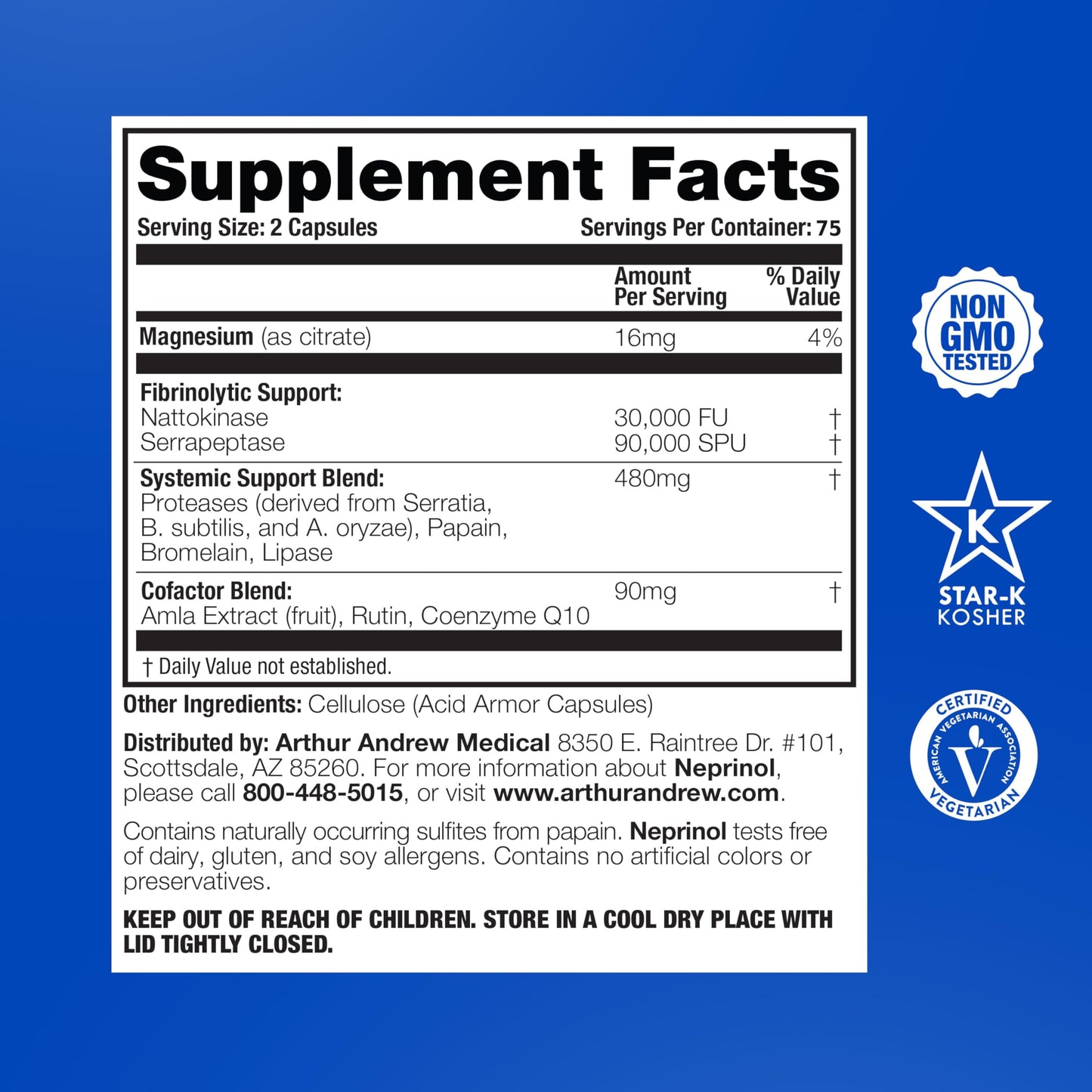 Arthur Andrew Medical, Neprinol AFD, Multi Enzyme Blend with Serrapeptase & Nattokinase, 90 Count (Pack of 1) | Highly Potent Systemic Enzyme Blend Featuring Nattokinase (15,000 FU) & Serrapeptase (45,000 SPU). Heart & Immune Support