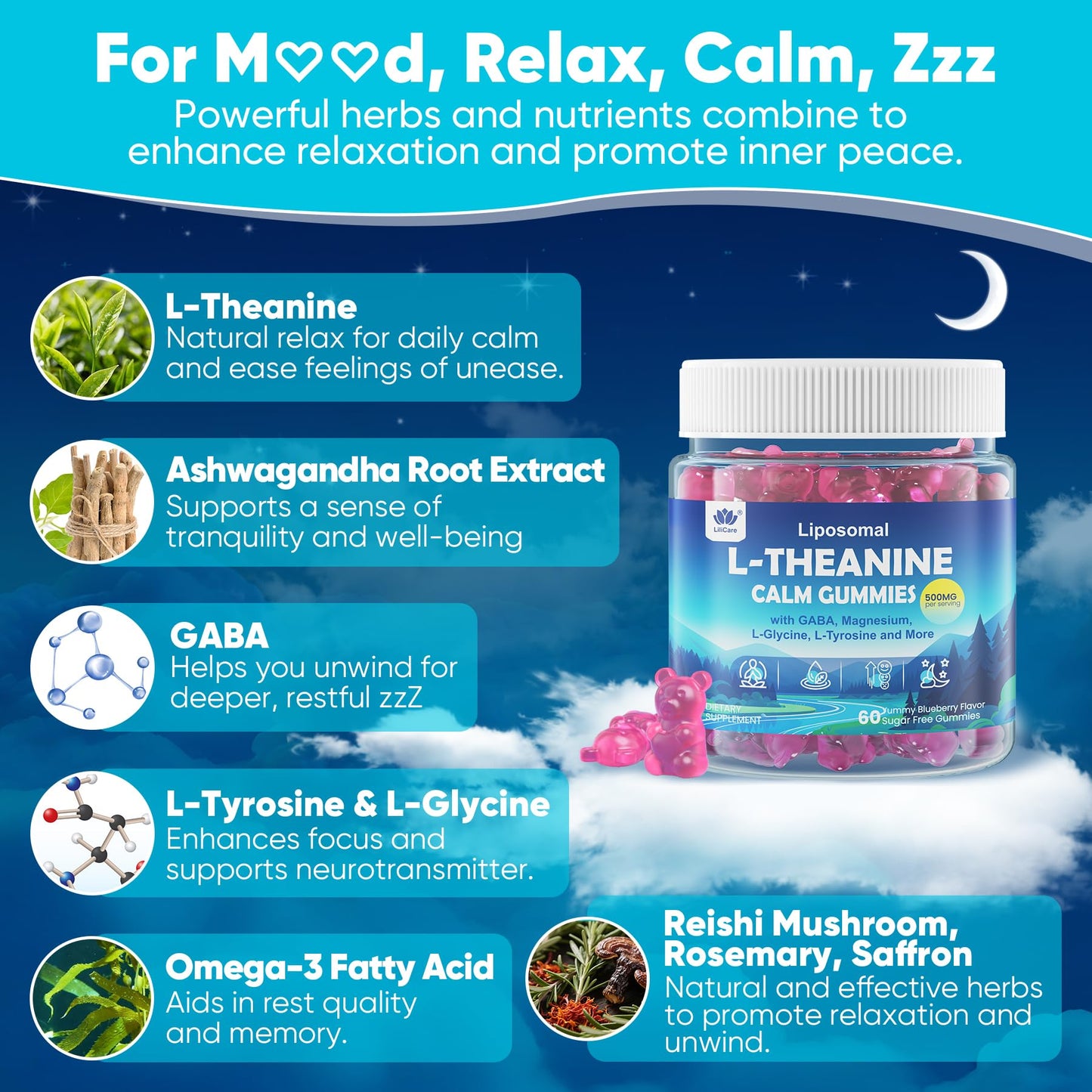 L Theanine Calm Gummies 500mg, Sugar-Free Liposomal L-Theanine Supplement, w/Safforn, Magnesium Glycinate, GABA, Ashwagandha, Algae Omega-3, Vitamin D3 B12, for Brain Calm, Relax, Mood, Zzz, 120Cts