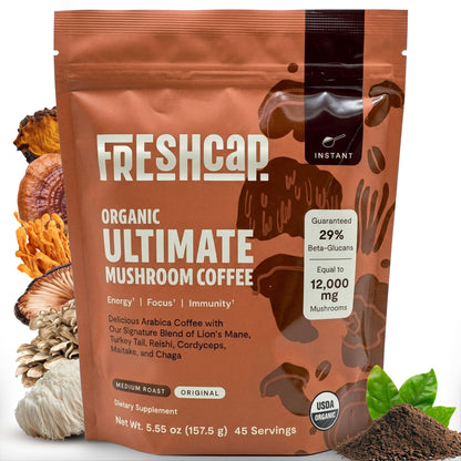 Premium Organic Mushroom Coffee – 12:1 Fruiting Body Extract – 29% Beta-Glucans – Smooth Tasting, 3rd-Party Tested for Clean Energy, No Jitters, Focus, Immune Support (15 Servings)
