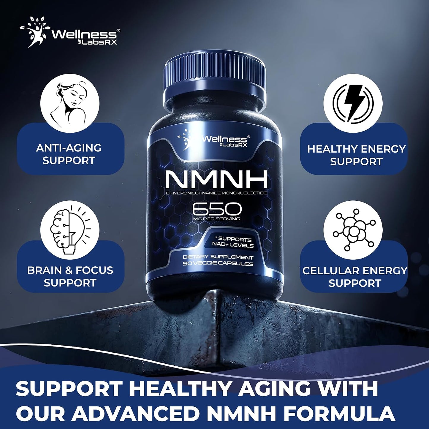 NMNH Supplements - Di-Hydro Nicotinamide Mononucleotide NMNH Capsules, Fast Absorption Ultra Strength NMN Supplement, NAD+ for Cellular Energy & Anti Aging, 650mg - Non-GMO, Gluten Free - 90 Capsules