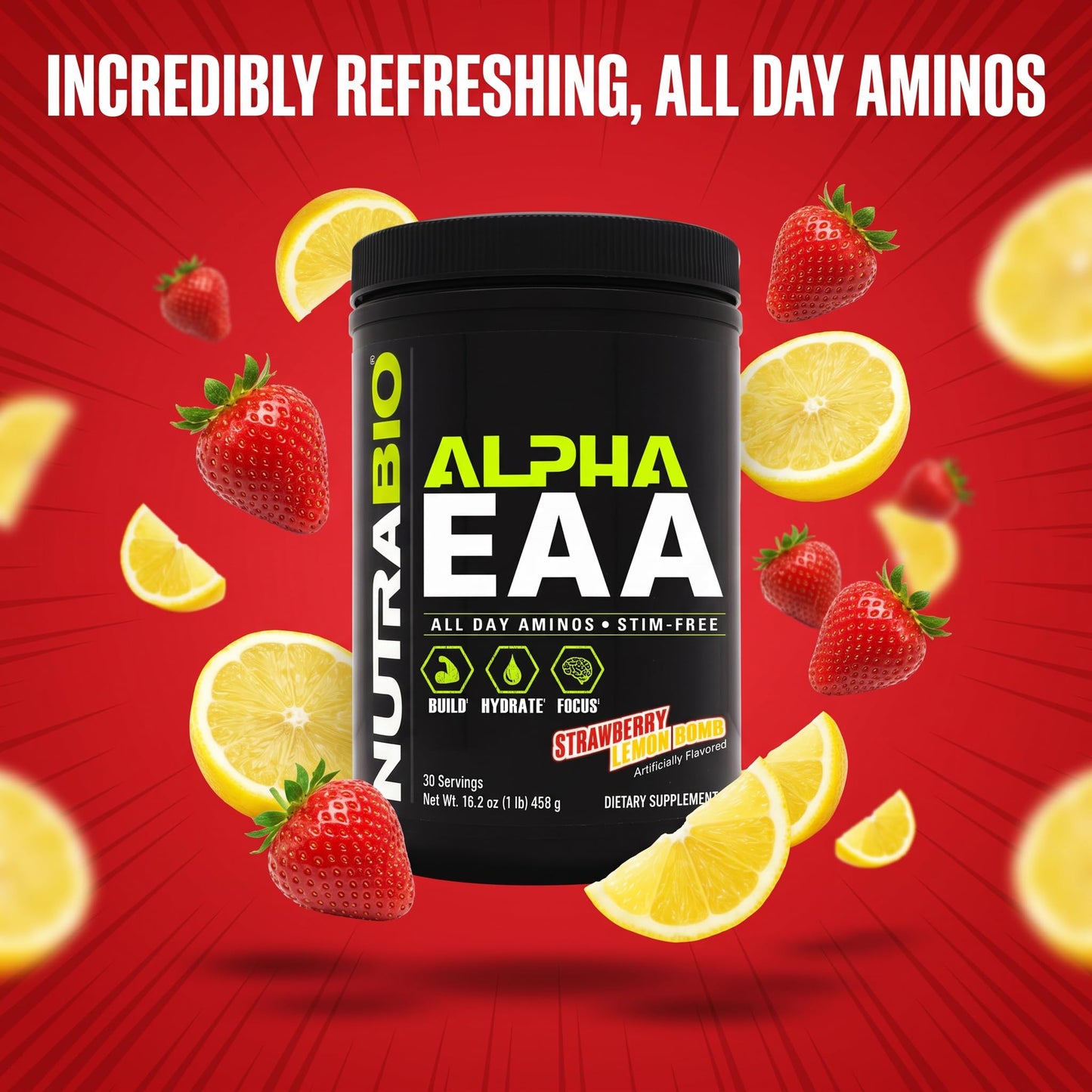 NutraBio Alpha EAA - All-Day Amino Acids for Muscle Growth and Hydration - Essential Amino Acids with Nootropics & Adaptogens- Full Spectrum EAA BCAA Powder - 30 Servings - Strawberry Lemon