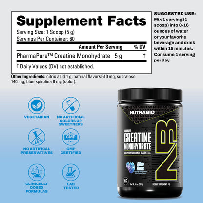 NutraBio Pure Micronized Creatine Monohydrate Powder Supplement, Unflavored, (300 g) - Supports Bulk Muscle Energy, Recovery, and Strength - HPLC Tested Creatine Powder Supplement for Men and Women