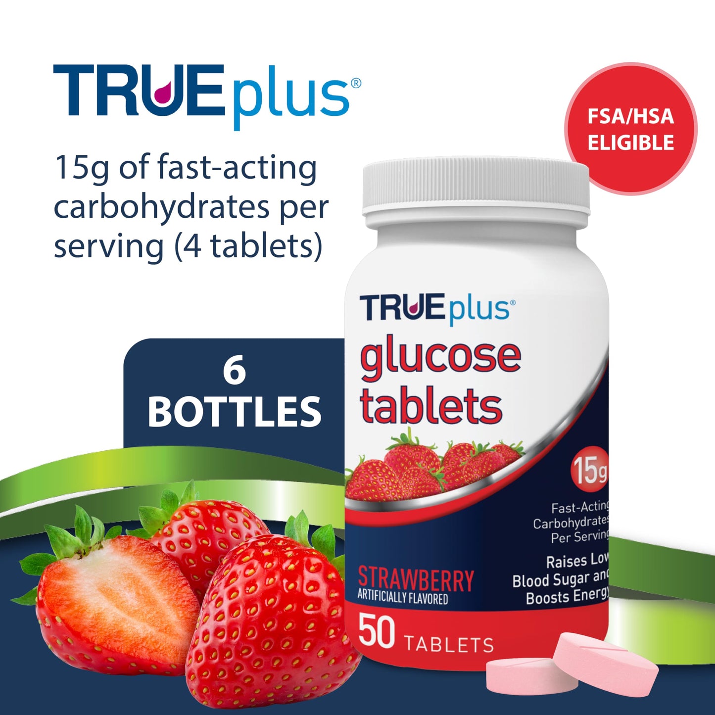TRUEplus Glucose Tablets, Grape, Raspberry, Orange Flavors, 50 Count | Chewable Tablets, 15g Fast-Acting Carbohydrates, Fat Free, Gluten Free, Boosts Energy, Great Tasting and Easy to Use