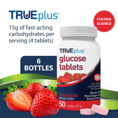 TRUEplus Glucose Tablets, Grape, Raspberry, Orange Flavors, 50 Count | Chewable Tablets, 15g Fast-Acting Carbohydrates, Fat Free, Gluten Free, Boosts Energy, Great Tasting and Easy to Use