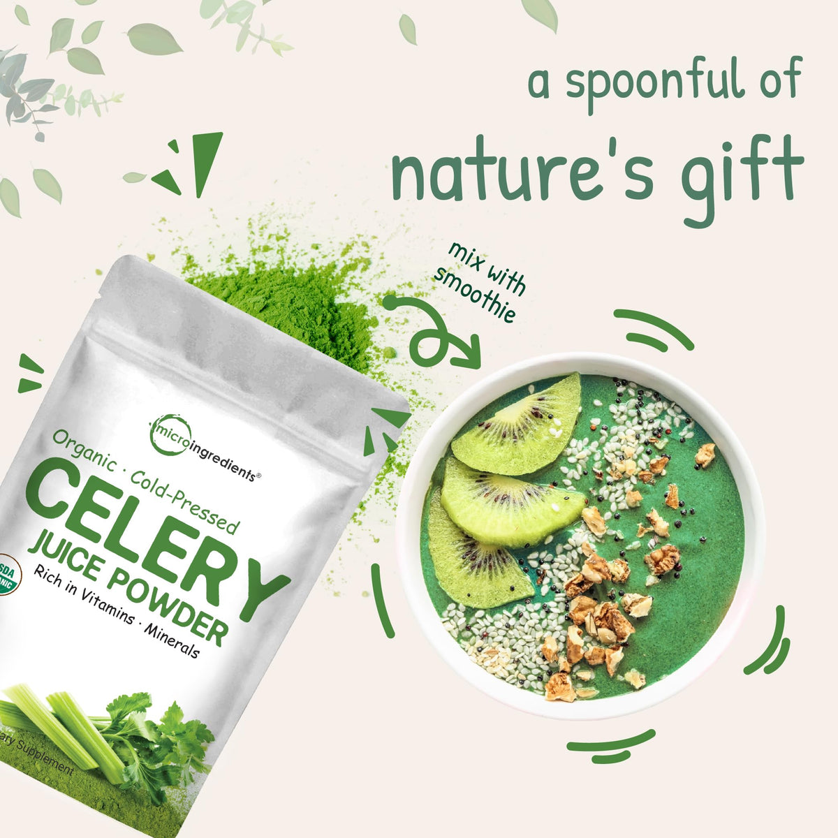 Organic Celery Juice Powder, 20 Ounce (1.25 Pound), 71 Serving, Celery Detox and Cold