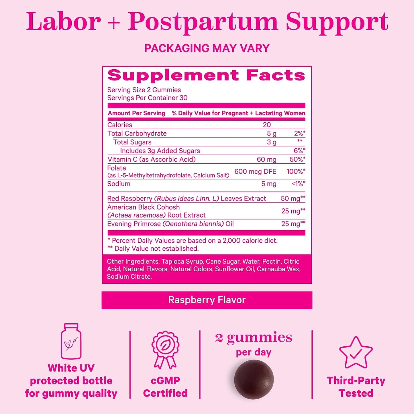 Pink Stork Red Raspberry Leaf Gummies for Labor Prep, 60 Count | Evening Primrose Oil + Black Cohosh, Pregnancy + Postpartum Mood Essentials, Vegan, Non-GMO
