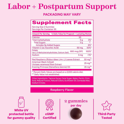 Pink Stork Red Raspberry Leaf Gummies for Labor Prep, 60 Count | Evening Primrose Oil + Black Cohosh, Pregnancy + Postpartum Mood Essentials, Vegan, Non-GMO