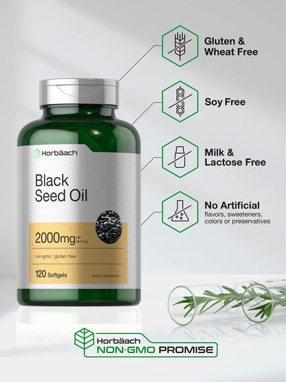 Horbaach Black Seed Oil 2000mg | 120 Softgel Capsules | Cold Pressed Nigella Sativa