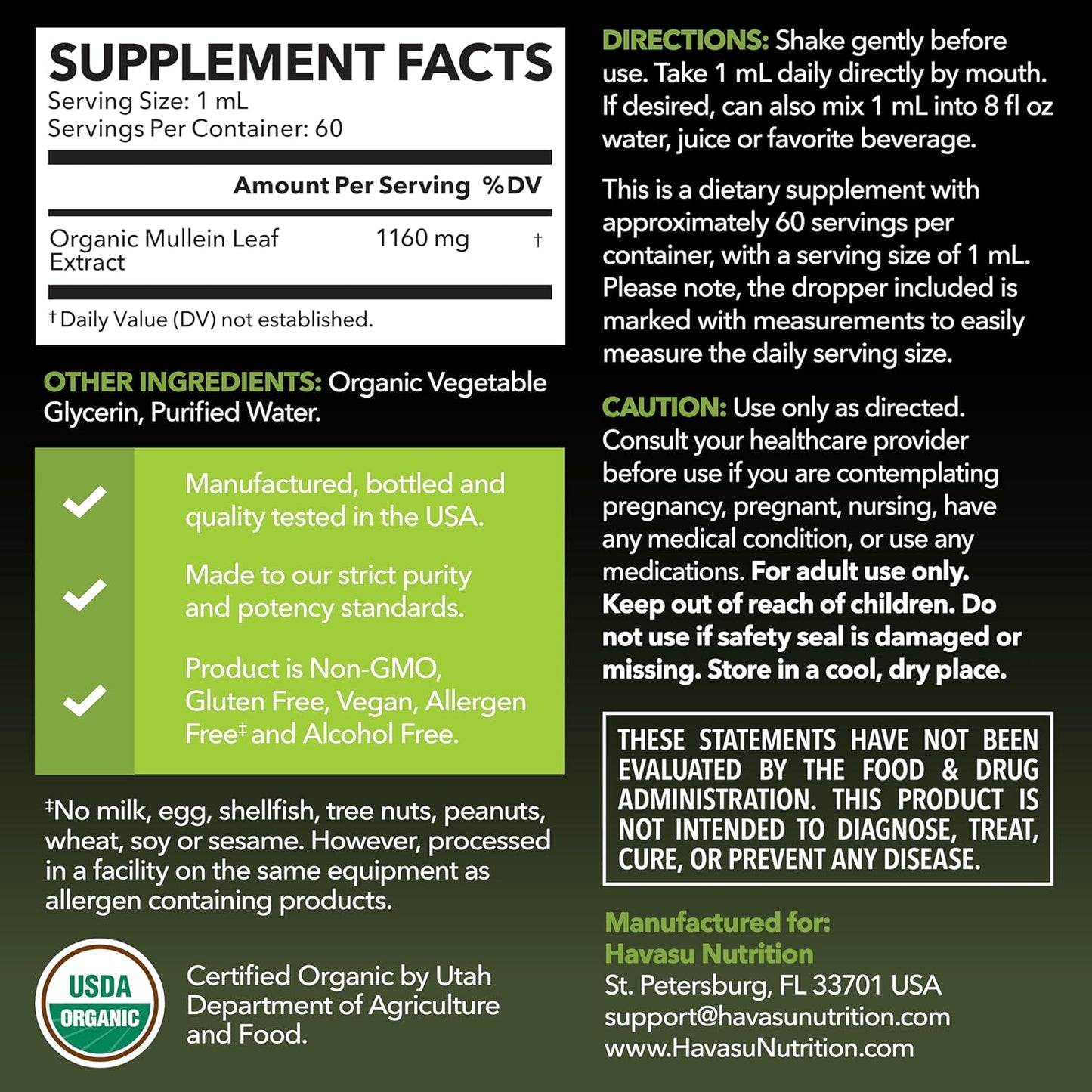 Mullein Drops for Lungs, USDA Organic Mullein Leaf Extract, 2 Fl Oz | Respiratory Health and Lung Support Supplement, 2 Fl Oz, Vegan, Non-GMO, and Alcohol Free, Herbal Tincture, 60 Servings