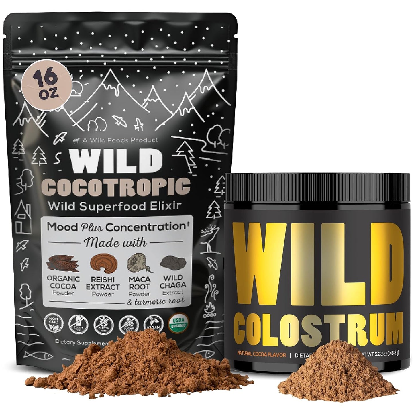 Cocotropic Organic Mushroom Cacao Mix (16oz) & Colostrum Powder (5.22oz) Bundle for Gut Health and Energy