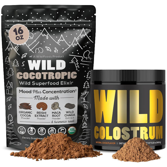 Cocotropic Organic Mushroom Cacao Mix (16oz) & Colostrum Powder (5.22oz) Bundle for Gut Health and Energy