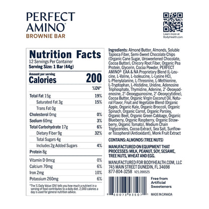 BodyHealth PerfectAmino Bar – Protein Energy Snack with 8g Protein, Plant-Based MCTs, Superfood Blend, Non-GMO, Gluten, Dairy & Soy Free (Brownie, 12 Pack)