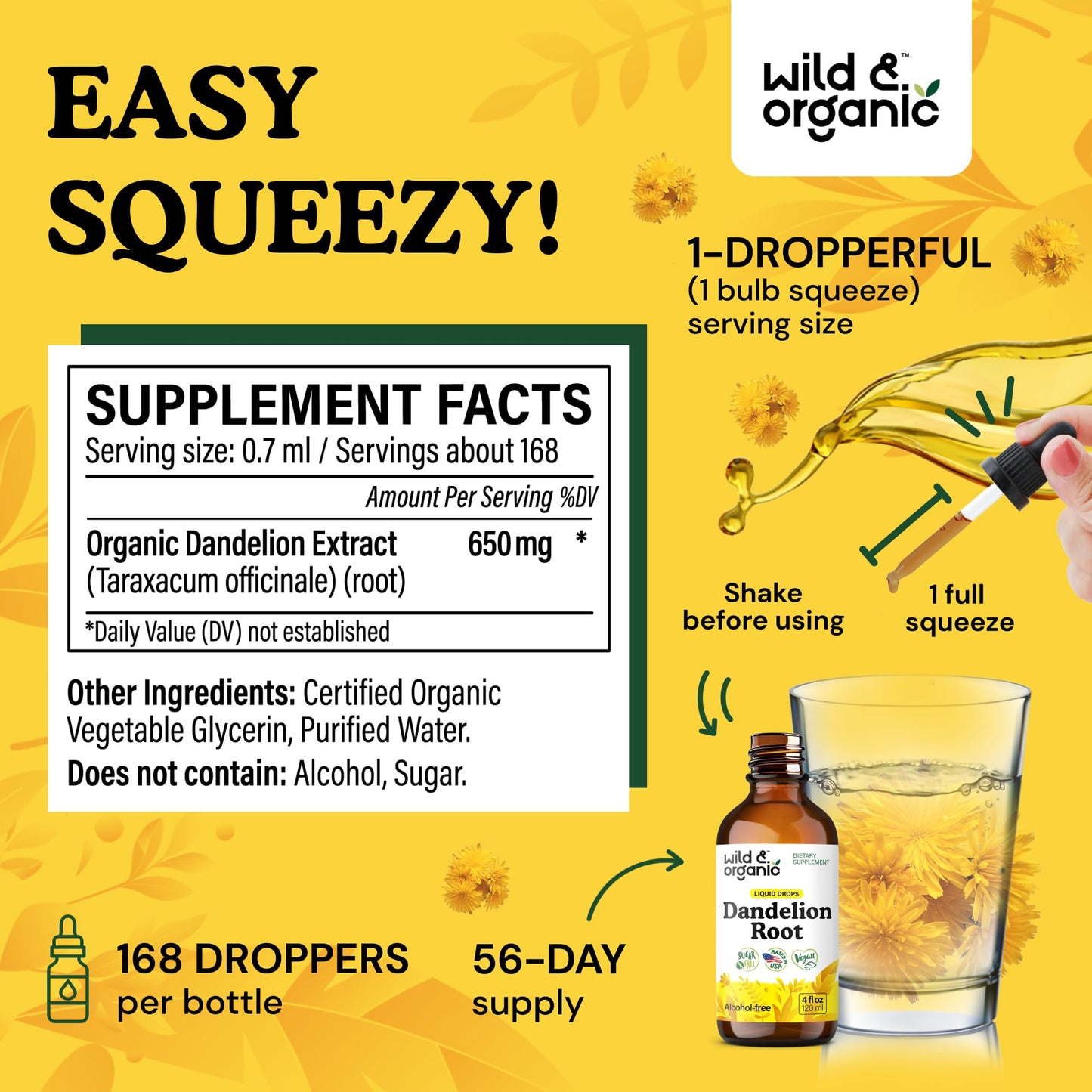 Wild & Organic Dandelion Root Extract Drops - Liver Cleanse Detox - Herbal Dandelion Tincture - Liver Support Supplement - Add to Tea - Vegan, Sugar & Alcohol-Free Liquid Drops - 4 fl oz