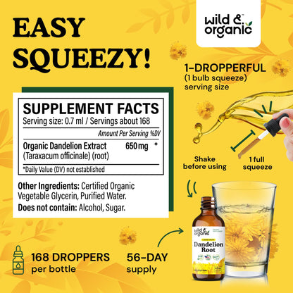 Wild & Organic Dandelion Root Extract Drops - Liver Cleanse Detox - Herbal Dandelion Tincture - Liver Support Supplement - Add to Tea - Vegan, Sugar & Alcohol-Free Liquid Drops - 4 fl oz