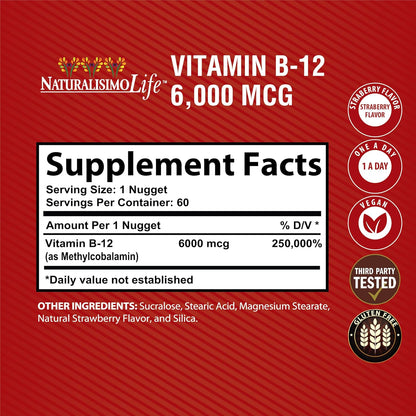 NaturalisimoLife Vitamin B12 6,000 mcg – Quick Dissolve Strawberry Flavor Nuggets – 60 Nuggets, Non-GMO, Vegan, Gluten Free