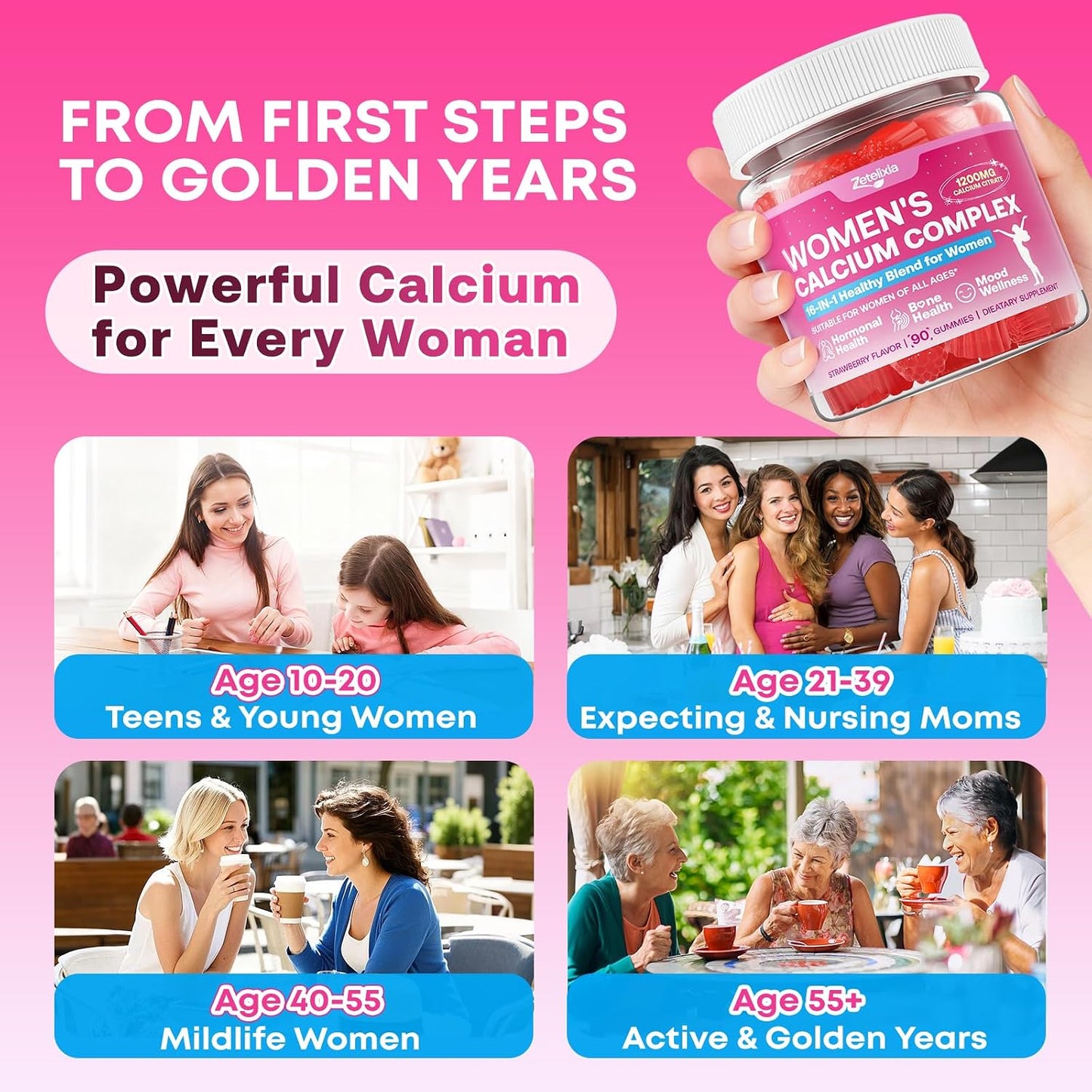 Calcium Gummies for Women, Calcium Citrate 1200mg with Vitamin D3 K2, Collagen & Biotin, B0ne, Teeth, Immune & Hormone Support, Sugar Free, Non-GMO, Gluten-Free, Strawberry Flavor, 90 Count
