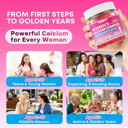 Calcium Gummies for Women, Calcium Citrate 1200mg with Vitamin D3 K2, Collagen & Biotin, B0ne, Teeth, Immune & Hormone Support, Sugar Free, Non-GMO, Gluten-Free, Strawberry Flavor, 90 Count