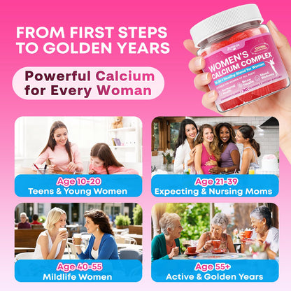 Calcium Gummies for Women, Calcium Citrate 1200mg with Vitamin D3 K2, Collagen & Biotin, B0ne, Teeth, Immune & Hormone Support, Sugar Free, Non-GMO, Gluten-Free, Strawberry Flavor, 90 Count