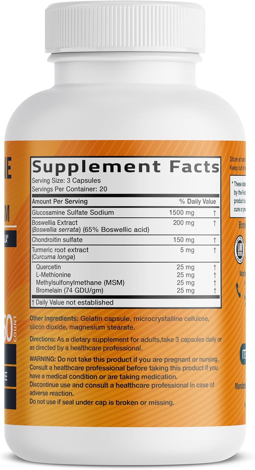 Bronson Glucosamine Chondroitin Turmeric & MSM Joint Support, 60 Capsules | Standardized Boswellia, Shellfish-Free Glucosamine, Mobility & Comfort Support, Non-GMO, Gluten-Free & Soy-Free