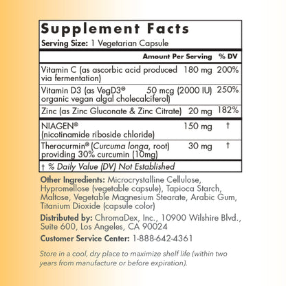 TRU NIAGEN Immune Support Supplement - Daily Defense - Vitamin C from Fermentation, Vegan Vitamin D3 2000 IU, Zinc, Plus Theracurmin (Curcumin) + Multi Award-Winning NAD Boosting Niagen 150mg 30ct