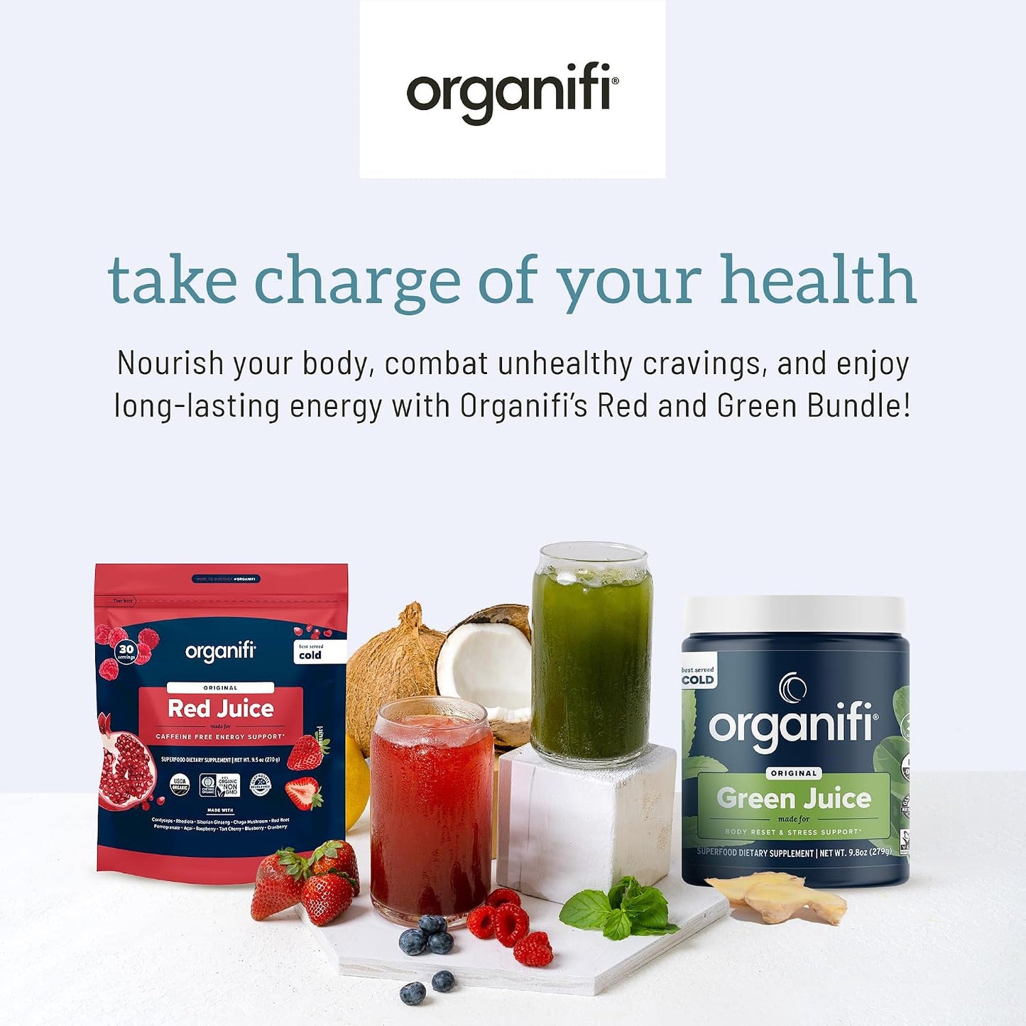 Organifi Green Juice and Red Juice Bundle - 30 Day Supply - Delicious, Refreshing Organic Superfood Supplement Powder With Antioxidants for Energy and Stress Relief Support - No GMO, Gluten, or Soy