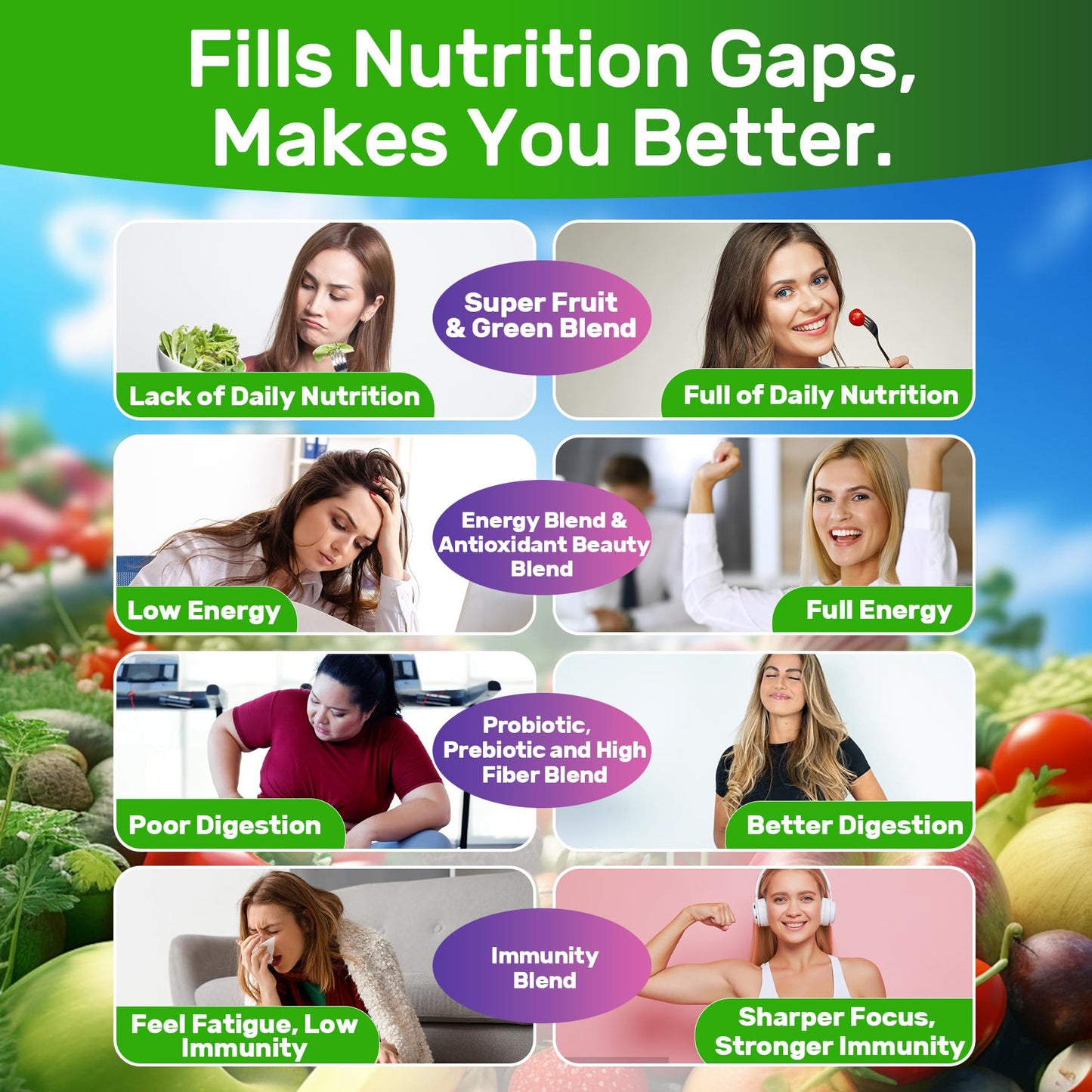 Super Greens Multivitamin Gummies, Greens Superfood Gummies w/Spirulina, Chlorella, Multivitamins, Prebiotic Fiber, Adaptogens, Adults Vitamins for Gut Health, Immunity, Focus & Energy, 120Cts