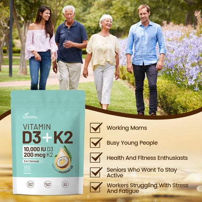VivoNu Vitamin D3 K2 10000 IU with MK7-300 Virgin Coconut Oil Softgels, 2 in 1 Vitamins D & K Complex | Vitamina D3 con K2 (300 Softgels /1 Bag)