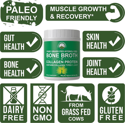 Peak Performance Hydrolyzed Bone Broth + Collagen Unflavored Protein Peptides Powder - Contains All Collagen Types: 1, 2, and 3 - Pure Pasture Raised Grass Fed, Paleo Friendly, Gluten + Dairy Free