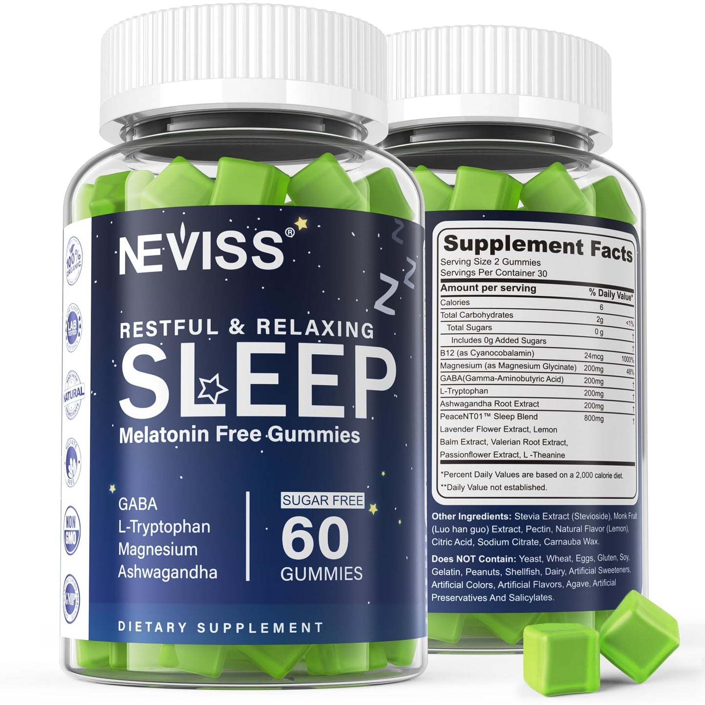 NEVISS Melatonin Free Sleep Aid Gummies for Adults - Magnesium Glycinate Gummies | GABA, L-Tryptophan, Magnesium, Ashwagandha - Non-Habit Forming, Help for Deep Relaxation - Vegan, Lemon Flavor, 2Pack