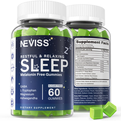 NEVISS Melatonin Free Sleep Aid Gummies for Adults - Magnesium Glycinate Gummies | GABA, L-Tryptophan, Magnesium, Ashwagandha - Non-Habit Forming, Help for Deep Relaxation - Vegan, Lemon Flavor, 2Pack