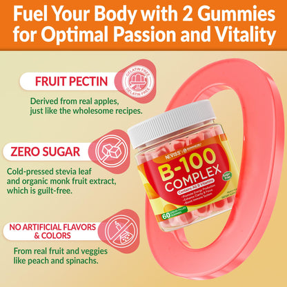 Super Vitamin B Complex Gummies - Methylated B Complex for Women & Men, All B Vitamins, Methyl B12, Methylfolate, Vitamin C, Choline, Inositol, PABA for Energy, Brain & Immune, 0g Sugar, Vegan, 60 Cts