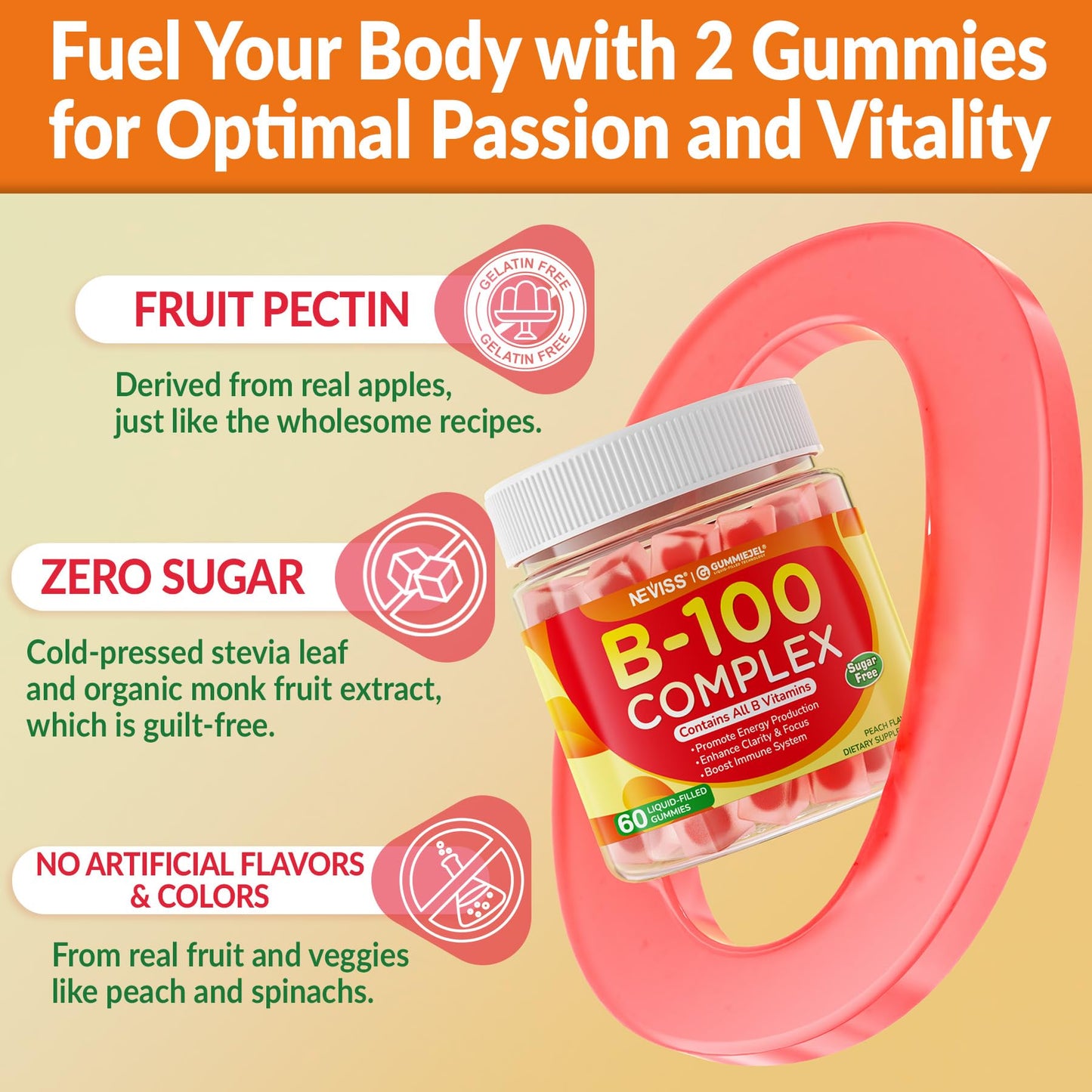 Super Vitamin B Complex Gummies - Methylated B Complex for Women & Men, All B Vitamins, Methyl B12, Methylfolate, Vitamin C, Choline, Inositol, PABA for Energy, Brain & Immune, 0g Sugar, Vegan, 60 Cts