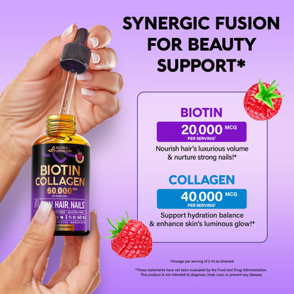 Liquid Biotin & Collagen 60,000 mcg - Vitamins for Hair Growth Support - Extra Strength Drops for Women & Men - Liquid Collagen Supplement - Strong Nails & Healthy Skin - Raspberry Flavor, 2 Fl Oz