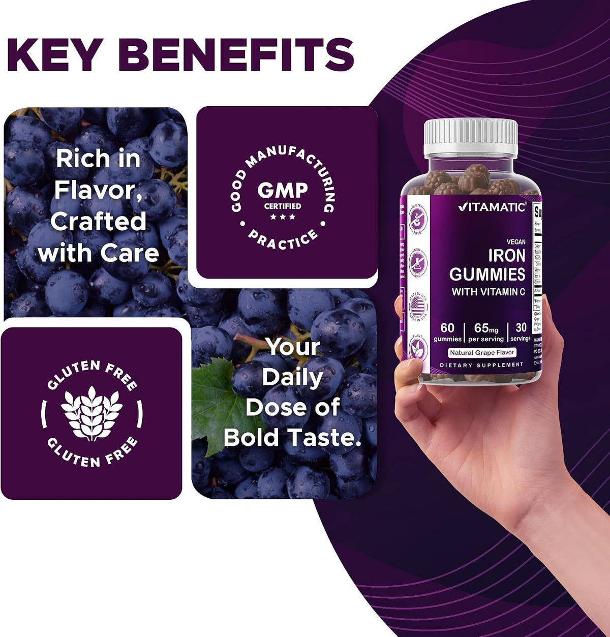 Vitamatic Iron 65 mg with Vitamin C - 60 Vegan Gummies, Made in USA | 65 mg Iron Per Serving, Natural Grape Flavor, Pectin Based, Gluten Free, Non-GMO
