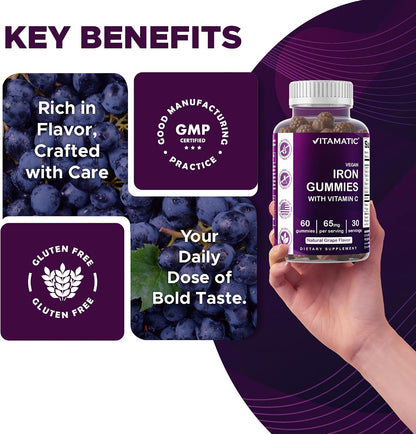 Vitamatic Iron 65 mg with Vitamin C - 60 Vegan Gummies, Made in USA | 65 mg Iron Per Serving, Natural Grape Flavor, Pectin Based, Gluten Free, Non-GMO