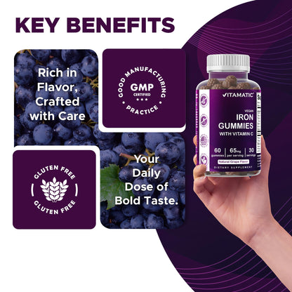 Vitamatic Iron 65 mg with Vitamin C - 60 Vegan Gummies, Made in USA | 65 mg Iron Per Serving, Natural Grape Flavor, Pectin Based, Gluten Free, Non-GMO