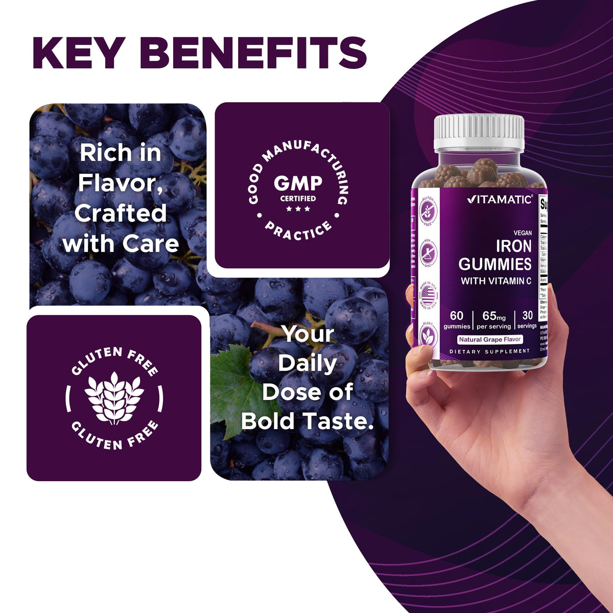 Vitamatic Iron 65 mg with Vitamin C - 60 Vegan Gummies, Made in USA | 65 mg Iron Per Serving, Natural Grape Flavor, Pectin Based, Gluten Free, Non-GMO