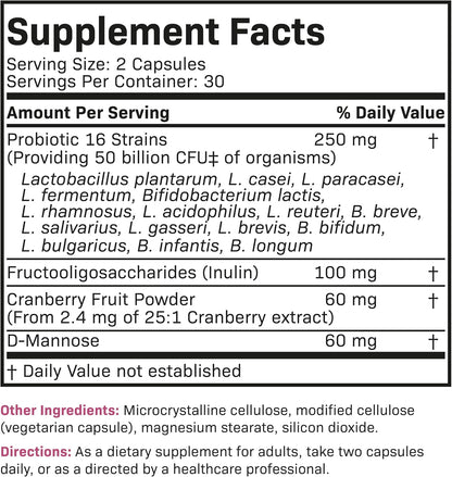 Futurebiotics Women's Probiotic 50 Billion CFU + Prebiotic with Cranberry & D-Mannose – Digestion Immune and Urinary Tract Support, Non-GMO, 60 Vegetarian Capsules